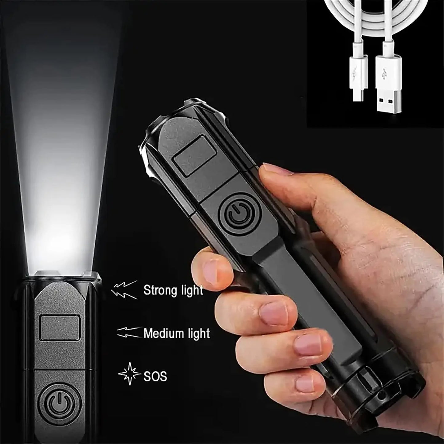 4 Lighting Mode Strong LED Flashlights Telescopic Zoom Tactical Torch USB Portable Spotlight Long-Range Camping Flashlight