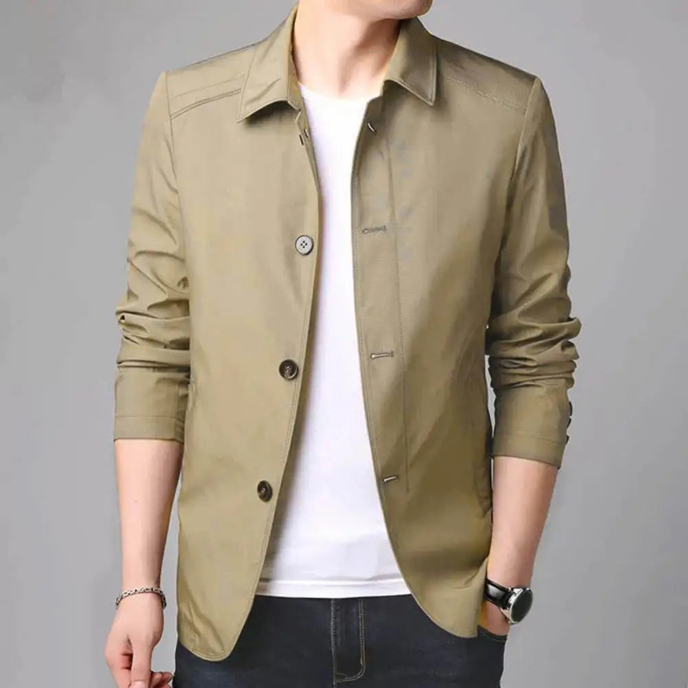 Men Outerwear Elegant Men's Mid Length Business Coat with Turn-down Collar Single-breasted Design for Fall Spring Seasons Men