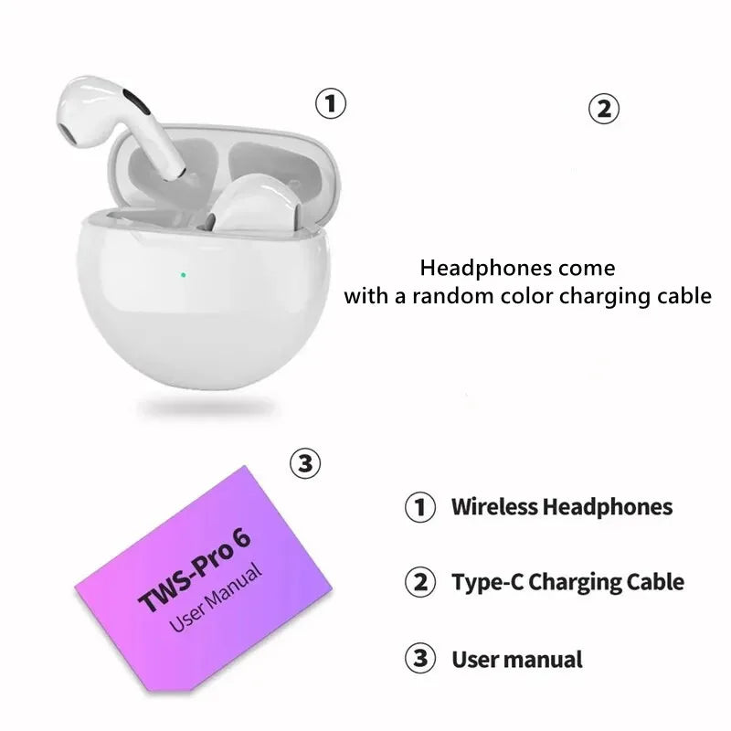 هدست بلوتوث بی‌سیم اصلی Air Pro 6 TWS 5.3 هدفون Mini Earphone با جعبه شارژ میکروفون برای ایربادهای آیفون شیائومی