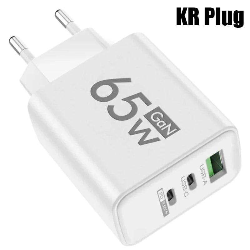 GaN Fast Charging 65W USB Type C Charger EU KR US PD 3.0 Quick Charge Wall For Phone Adapter For iPhone 15 Xiaomi Huawei Samsung