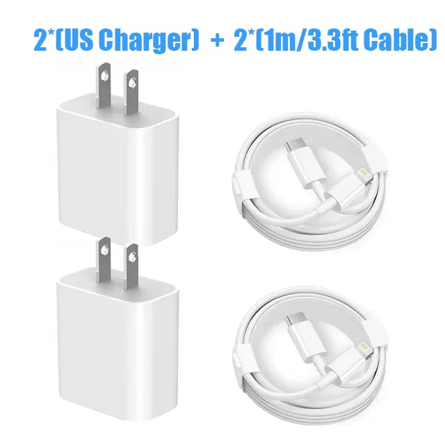 1-2 Sets 20W US PD Fast Charger For iPhone 14 13 12 11 Pro Max Plus XR Xs 7 8 1M/3.3 Ft USB C Fast Charging Cable Accessories