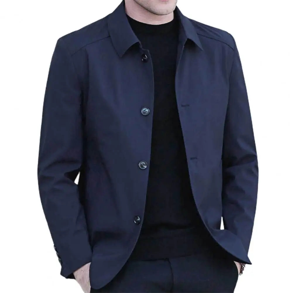 Men Outerwear Elegant Men's Mid Length Business Coat with Turn-down Collar Single-breasted Design for Fall Spring Seasons Men