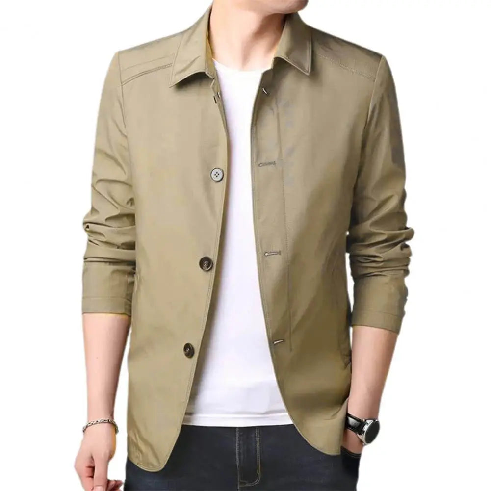 Men Outerwear Elegant Men's Mid Length Business Coat with Turn-down Collar Single-breasted Design for Fall Spring Seasons Men