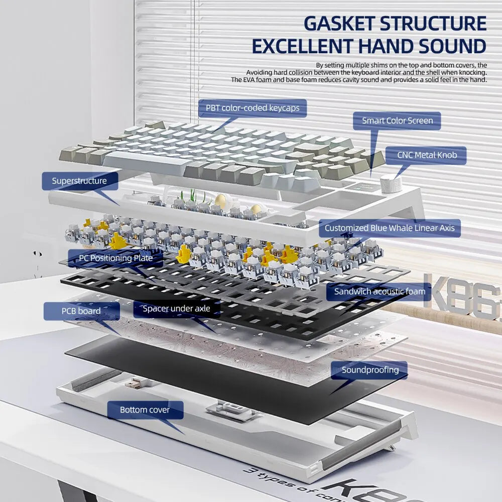 صفحه کلید مکانیکی با قابلیت تعویض وایرلس K86 بلوتوث/2.4 گرم با صفحه نمایش و دکمه چرخشی صدا برای بازی و کار