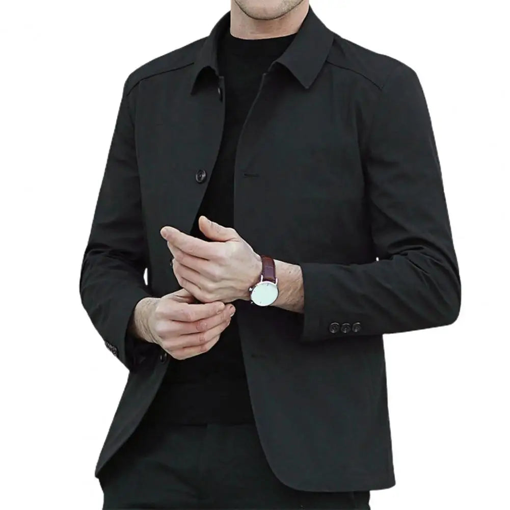 Men Outerwear Elegant Men's Mid Length Business Coat with Turn-down Collar Single-breasted Design for Fall Spring Seasons Men