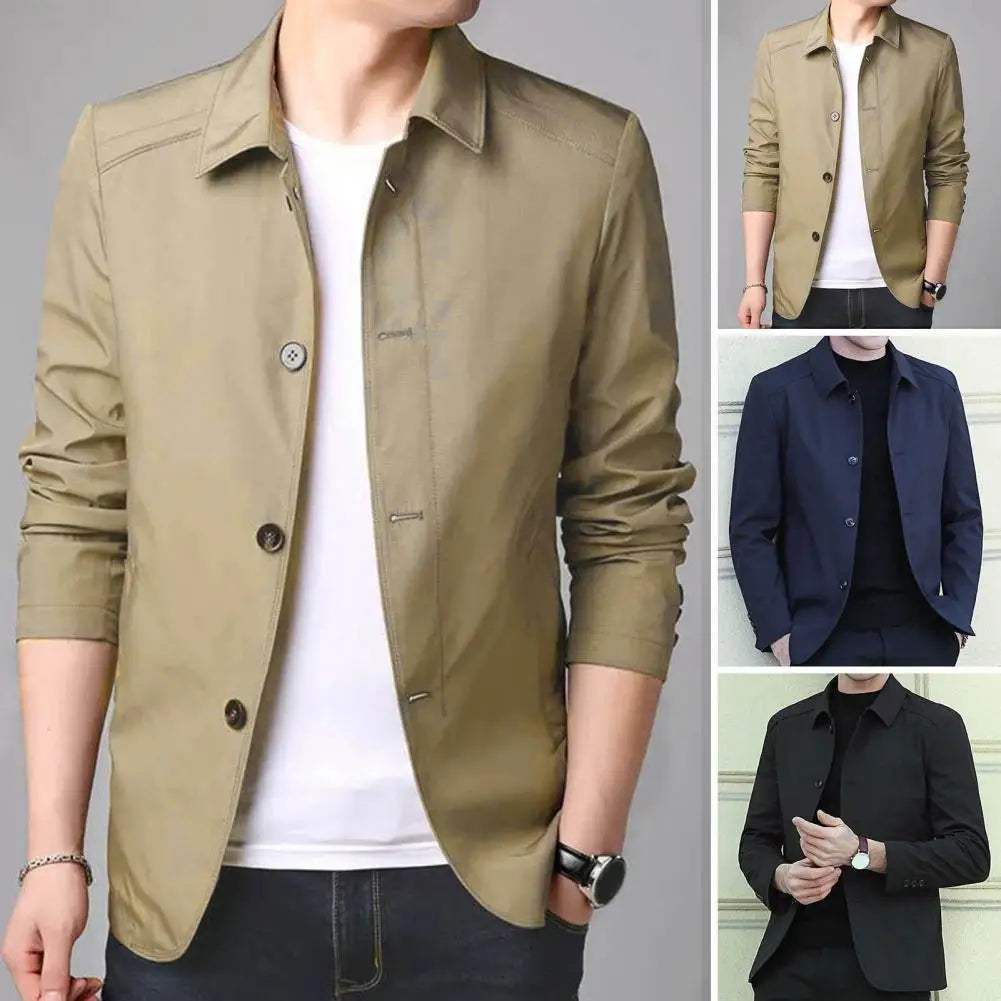 Men Outerwear Elegant Men's Mid Length Business Coat with Turn-down Collar Single-breasted Design for Fall Spring Seasons Men