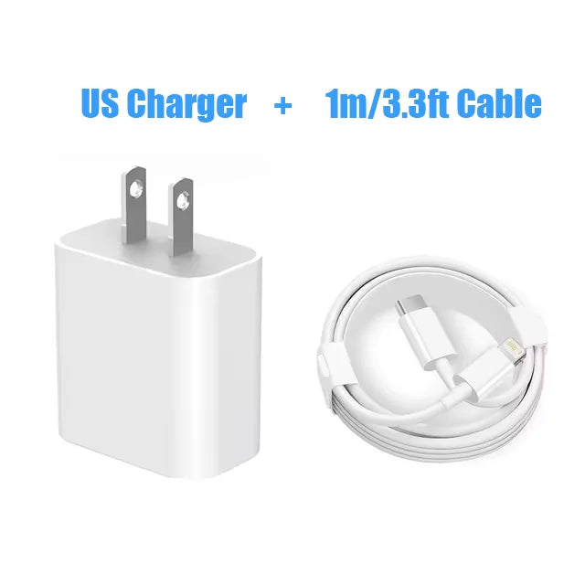 1-2 Sets 20W US PD Fast Charger For iPhone 14 13 12 11 Pro Max Plus XR Xs 7 8 1M/3.3 Ft USB C Fast Charging Cable Accessories